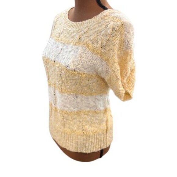 VINTAGE 80’s Together! Cable Knit Short Sleeve Sweater with Ribbed Cuffs & Hem - Picture 3 of 8